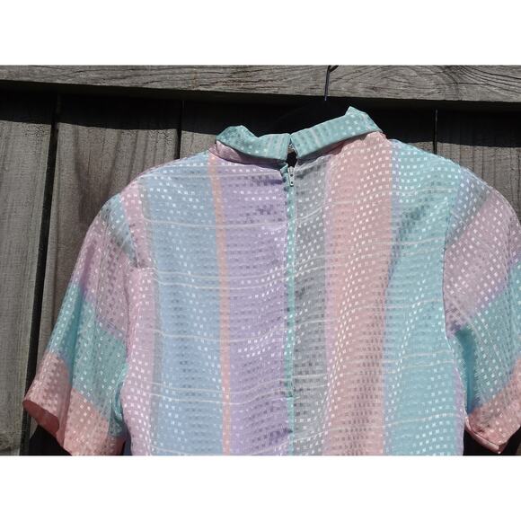 Vtg 80s Algo Pastel Plaid Stripe Midi Dress Tie Collar Retro New Wave Aesthetic - Picture 7 of 9